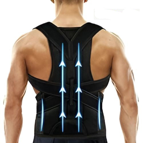 Person wearing a black posture corrector with blue lines indicating support points on a white background.