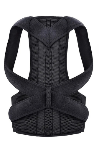 Black posture corrector with breathable cotton material, quality craftsmanship, and adjustable velcro features.