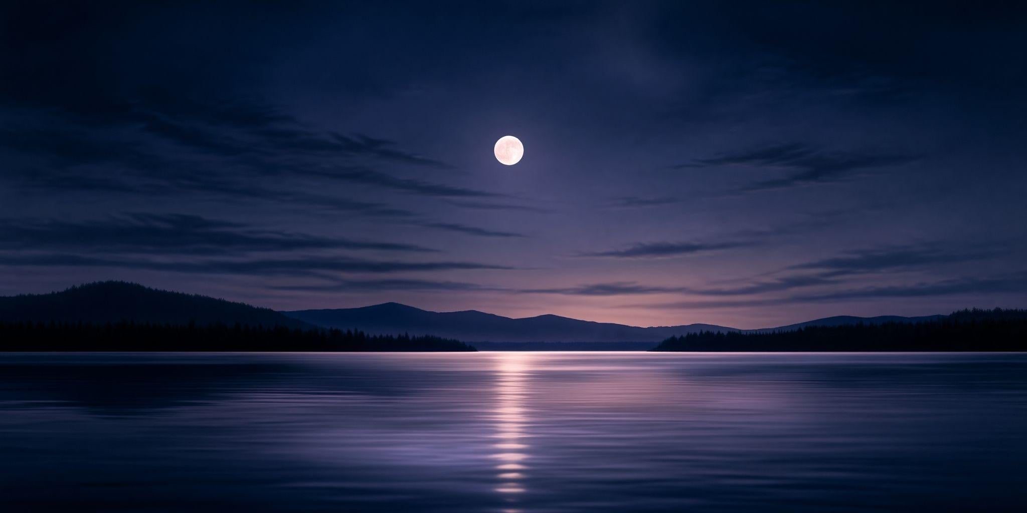 Moonlit lake beneath a deep blue night sky