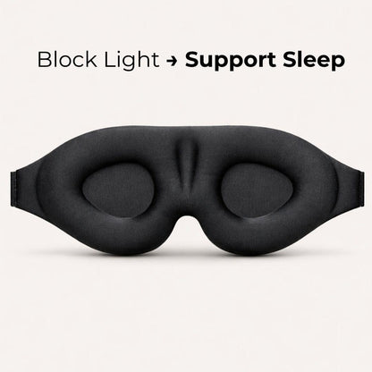 A black eye mask with padded eye cups and a center bridge, shown on a light neutral background with the text 'Block Light -> Support Sleep' above it.