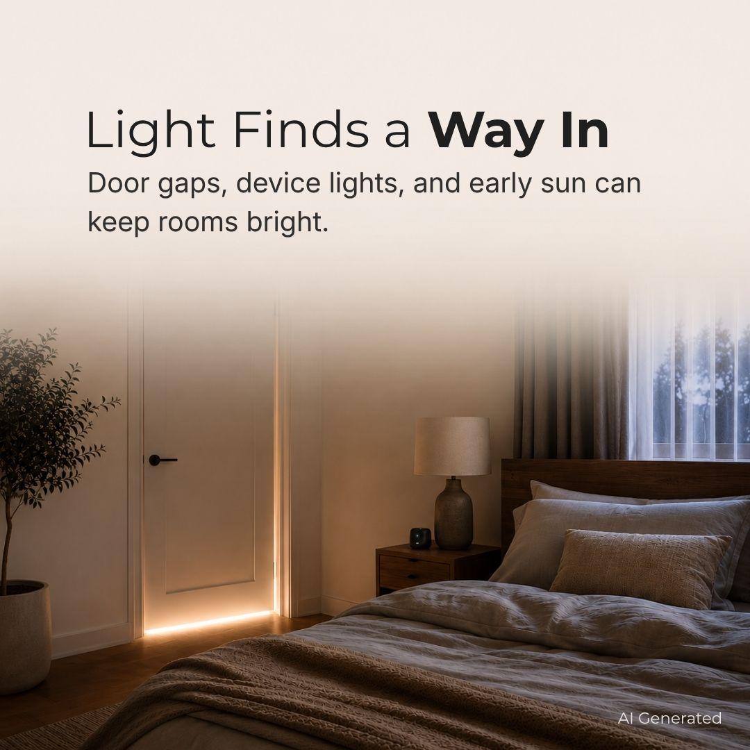A bedroom scene with a bed, bedside lamp, and a softly glowing open door, overlaid with the text 'Light Finds a Way In' and 'Door gaps, device lights, and early sun can keep rooms bright.'.