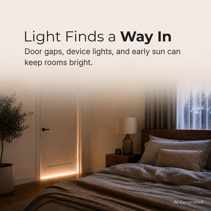 A bedroom scene with a bed, bedside lamp, and a softly glowing open door, overlaid with the text 'Light Finds a Way In' and 'Door gaps, device lights, and early sun can keep rooms bright.'.