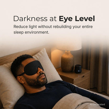 A man lies in bed wearing a black sleep mask, with text reading 'Darkness at Eye Level' and a softly lit bedside lamp in the background. The image is labeled AI Generated in the corner.
