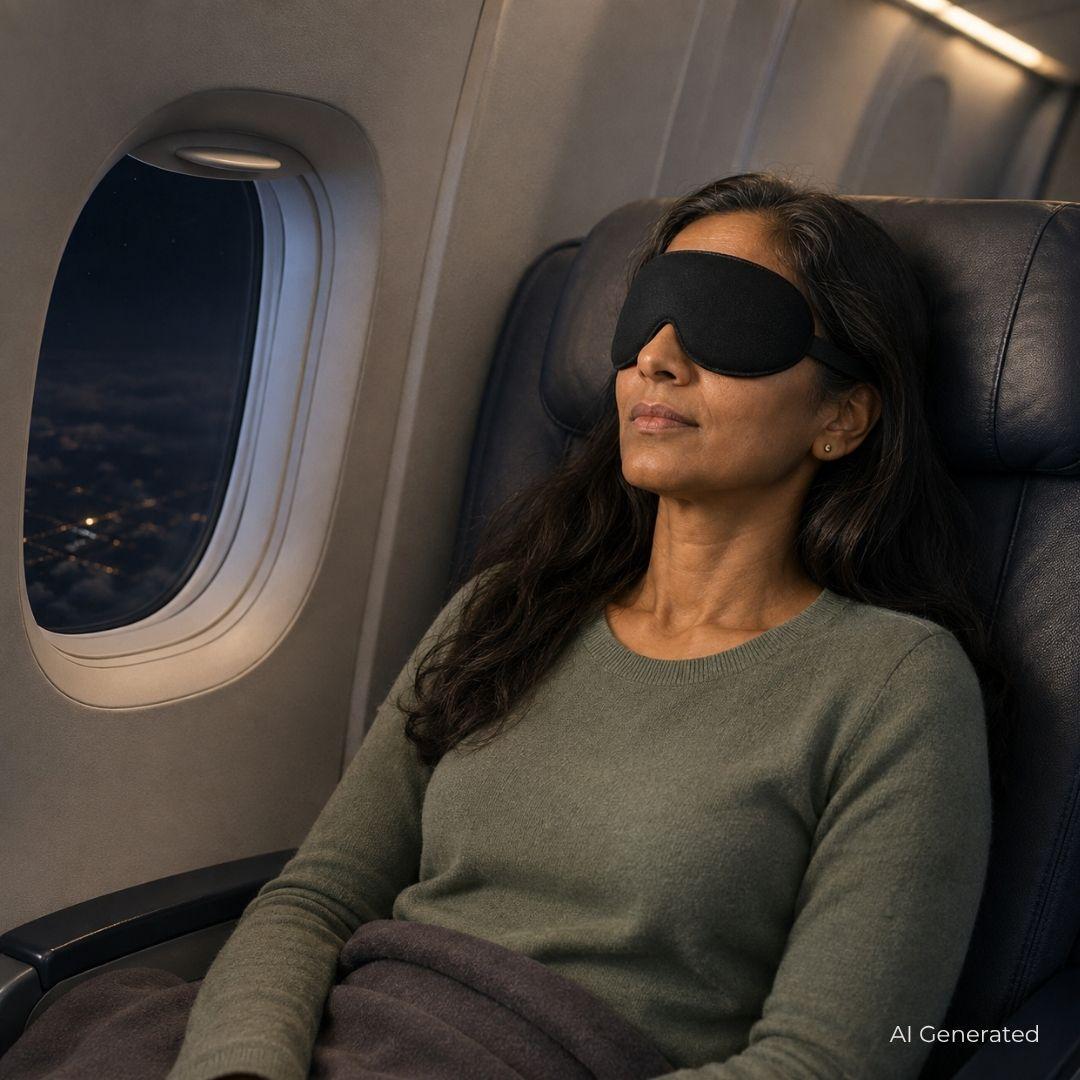A woman on an airplane seated with a black eye mask on.