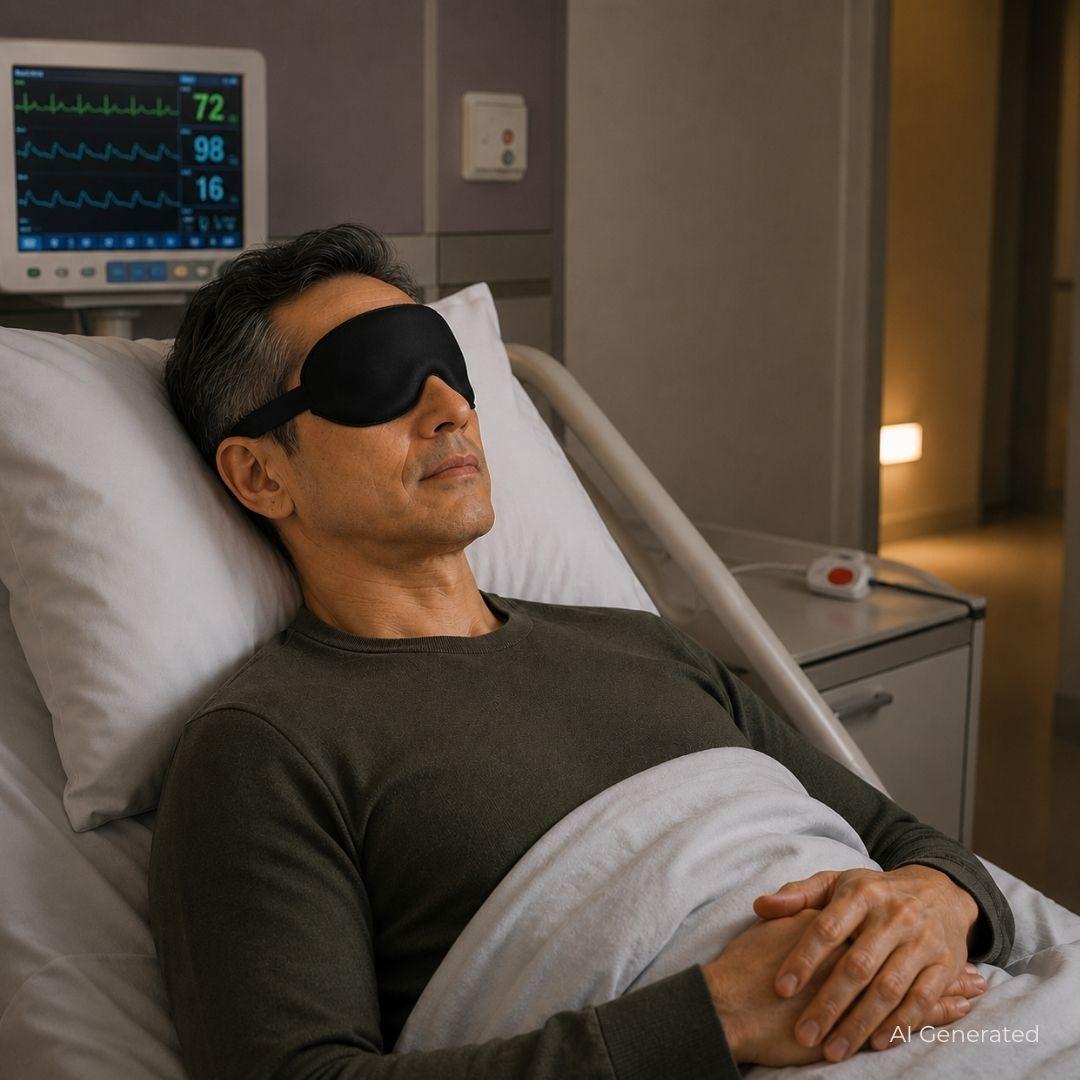 Man laying down on a hospital bed in a hospital room wearing a sleep mask with a monitor behind him.