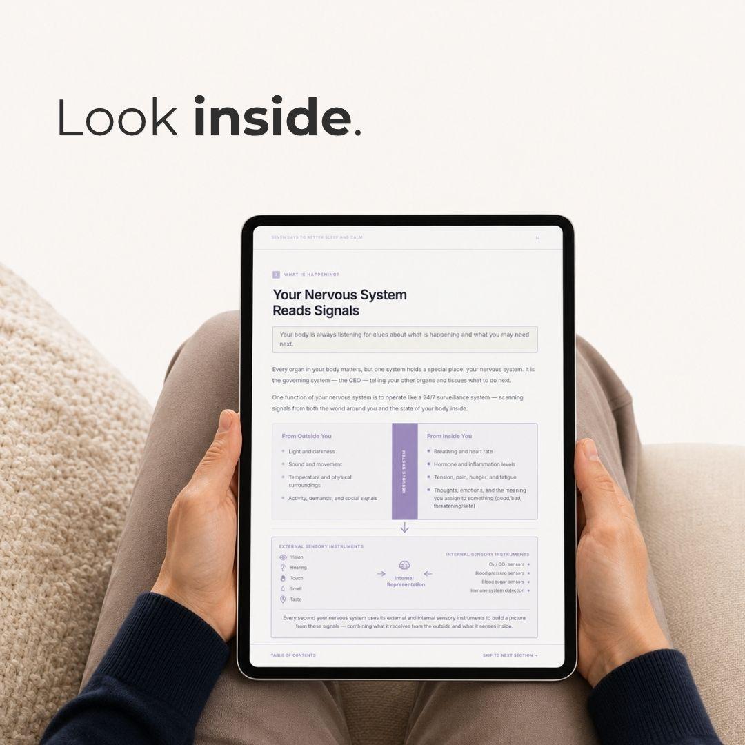 A person holding a tablet with a book or guide titled "Your Nervous System Reads Signals" open on the screen, resting on their lap with hands visible. The scene is set in a cozy indoor environment with a textured beige sofa, and the text "Look inside.