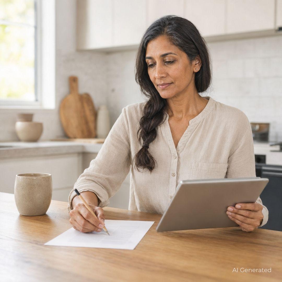 Woman using a tablet while writing notes at a kitchen table, AI-generated image