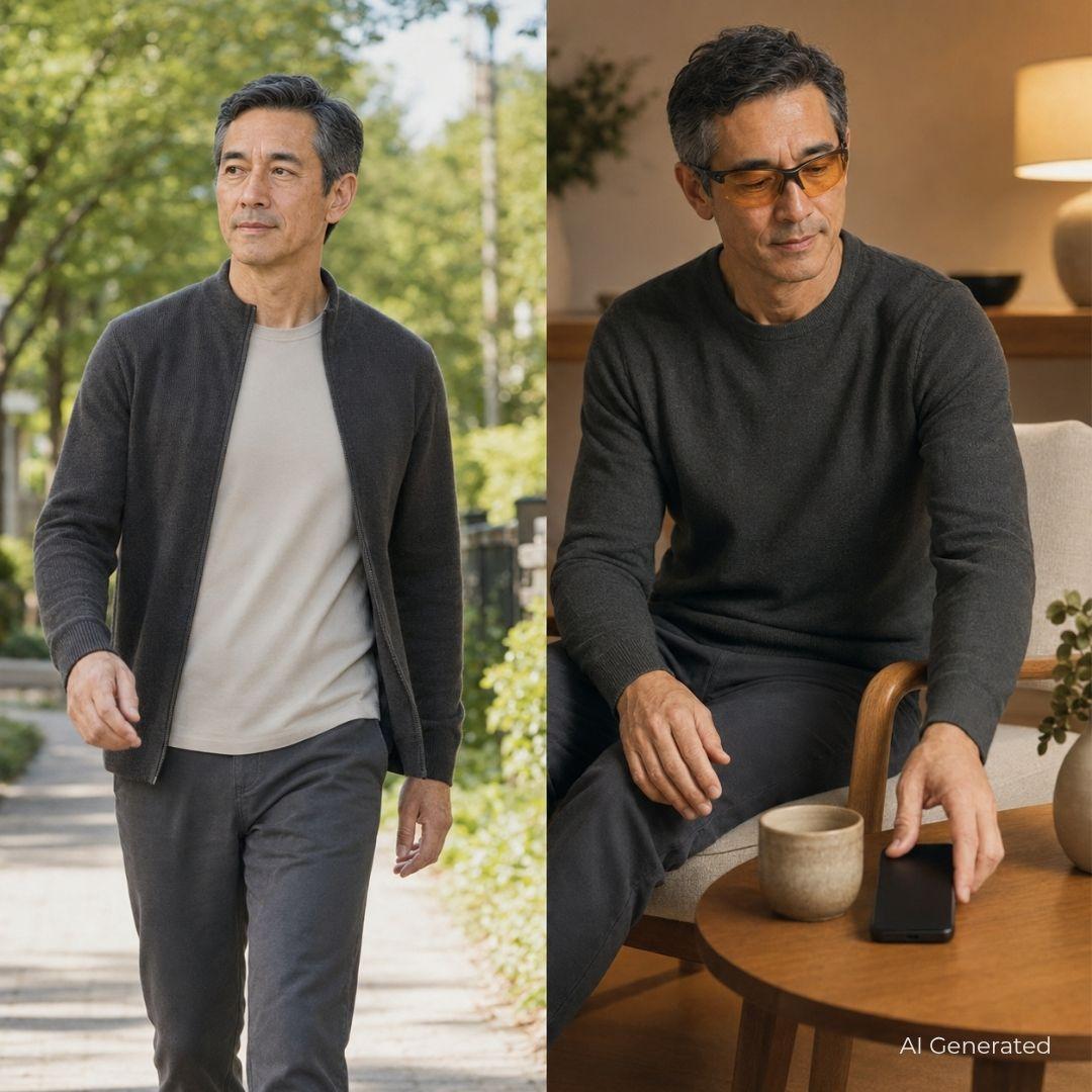 Two-panel image of a man walking outdoors and sitting beside a cup and phone, AI-generated image