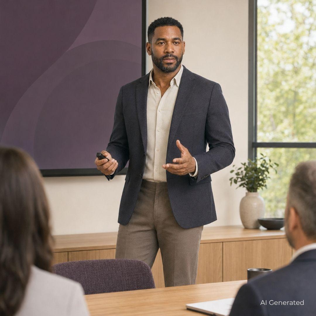 usiness presenter speaking to colleagues in a meeting room, AI-generated image