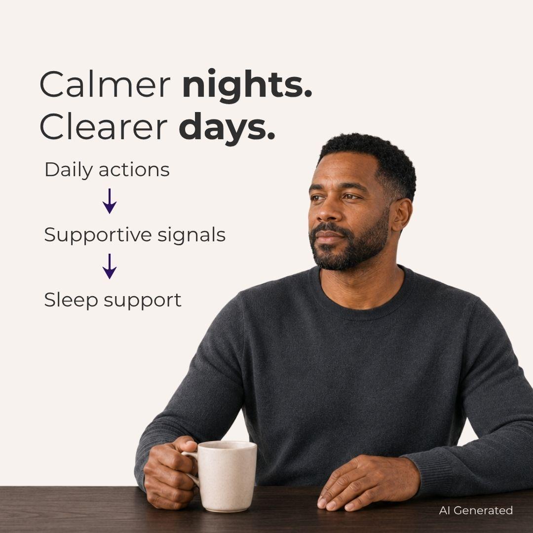A man in a dark gray sweater sits at a table holding a white mug, with text on the left reading 'Calmer nights. Clearer days.
