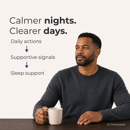 A man in a dark gray sweater sits at a table holding a white mug, with text on the left reading 'Calmer nights. Clearer days.