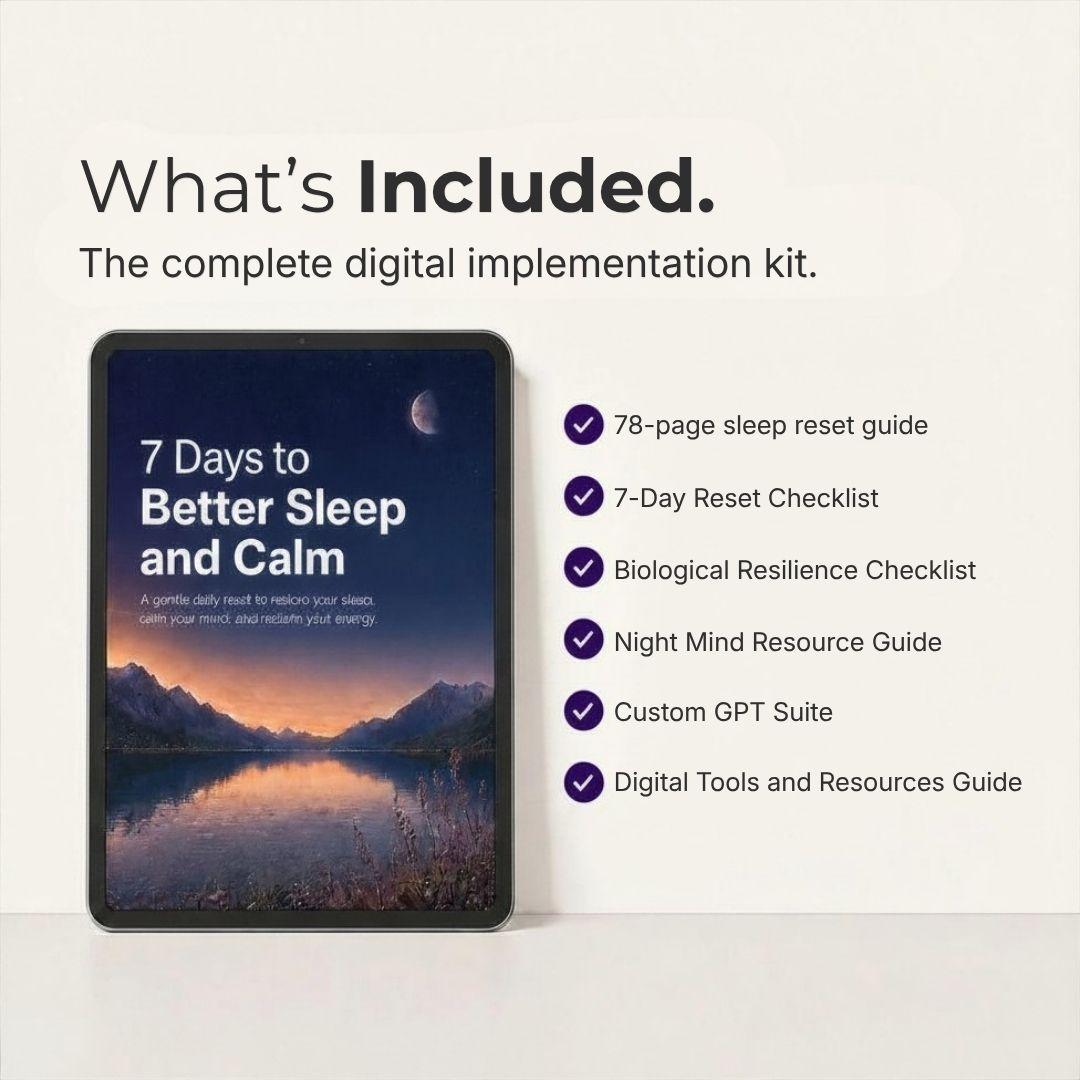 An ipad displaying "7 Days to Better Sleep and Calm" along with an itemized list of all the digital assets included in the digital implementation kits