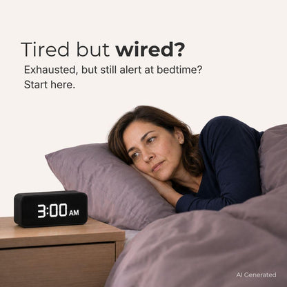 A woman lies in bed with a black digital alarm clock on the bedside table showing 3:00 AM. Text at the top reads 'Tired but wired? Exhausted, but still alert at bedtime? Start here.
