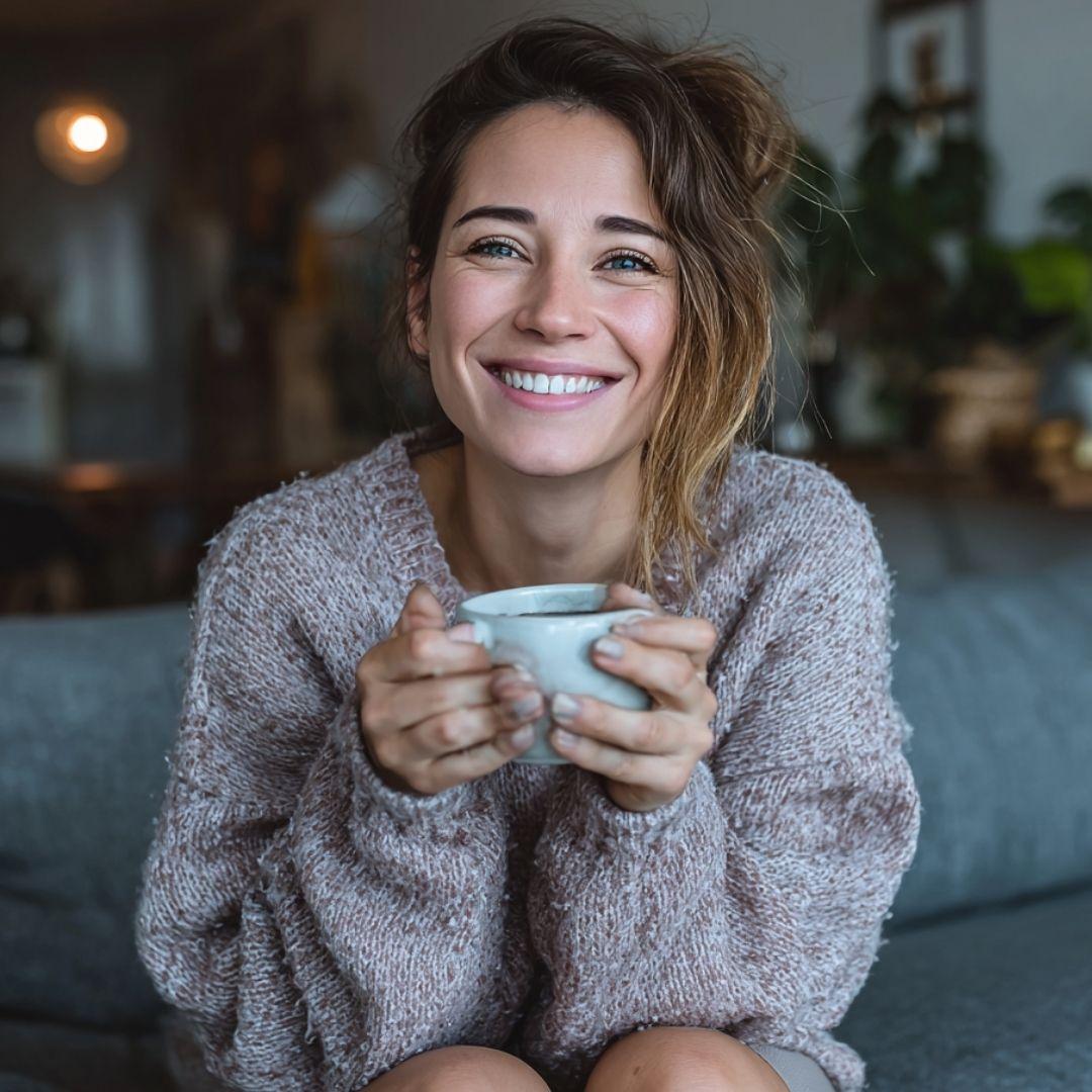 Woman holding a mug and smiling in a cozy living room.