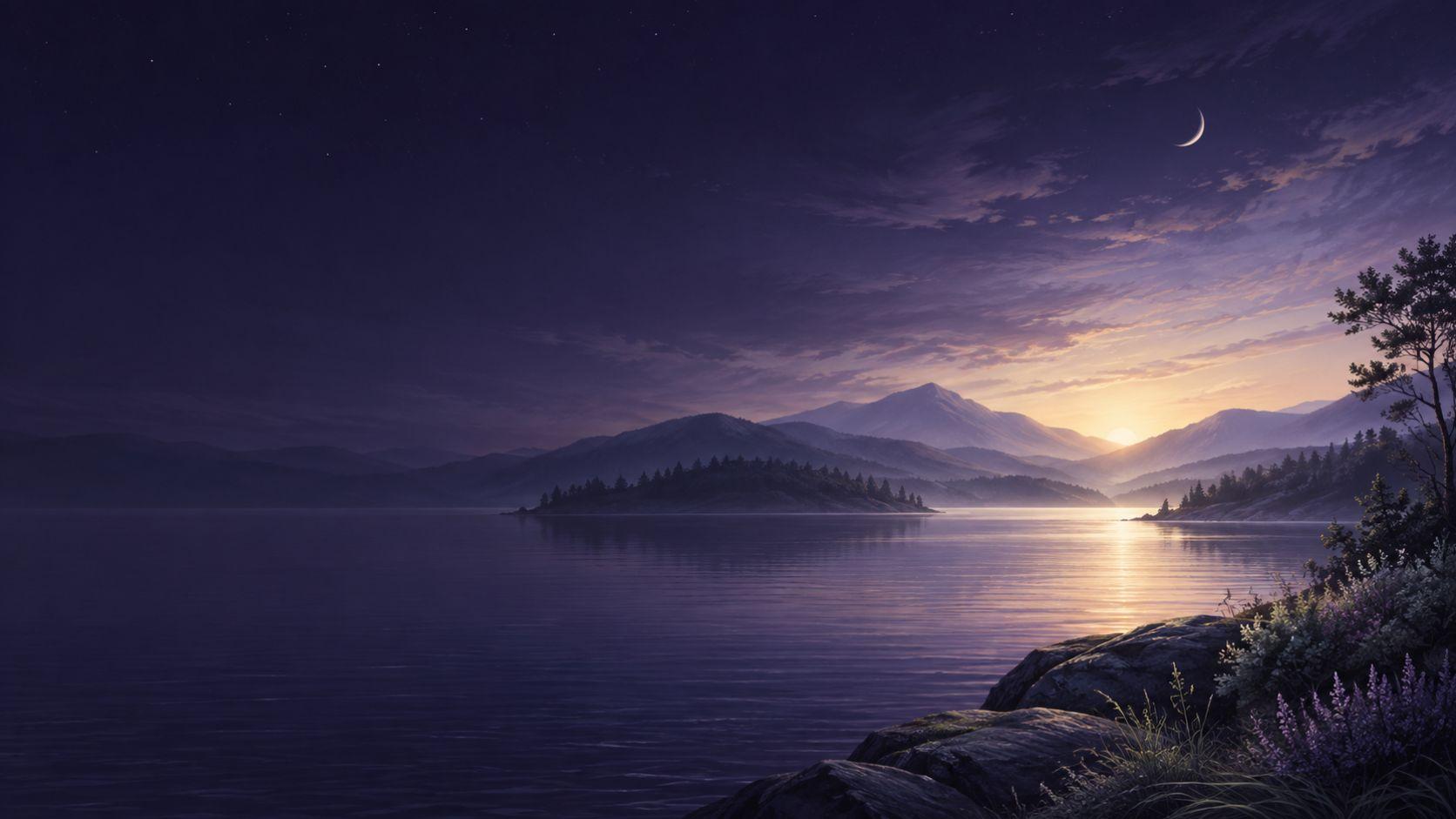 Illustrated moonlit lake and mountains beneath a softly glowing twilight sky