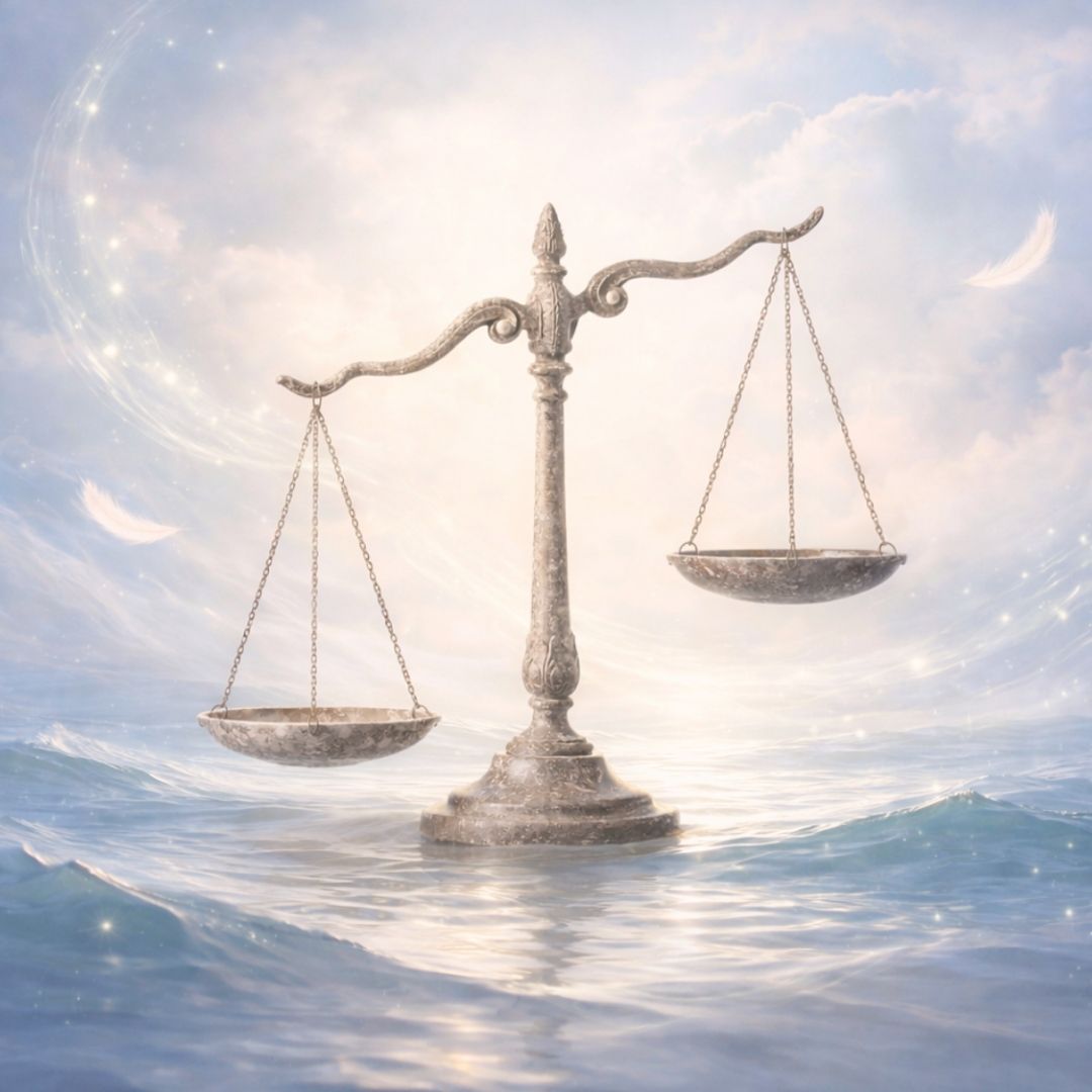 Scales of justice in a mystical setting with a soft, blurred background 