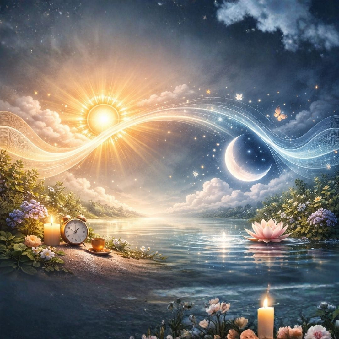 Mystical scene with sun, moon, and lotus flower over a lake depicting the balance of night and day in circadian rhythm