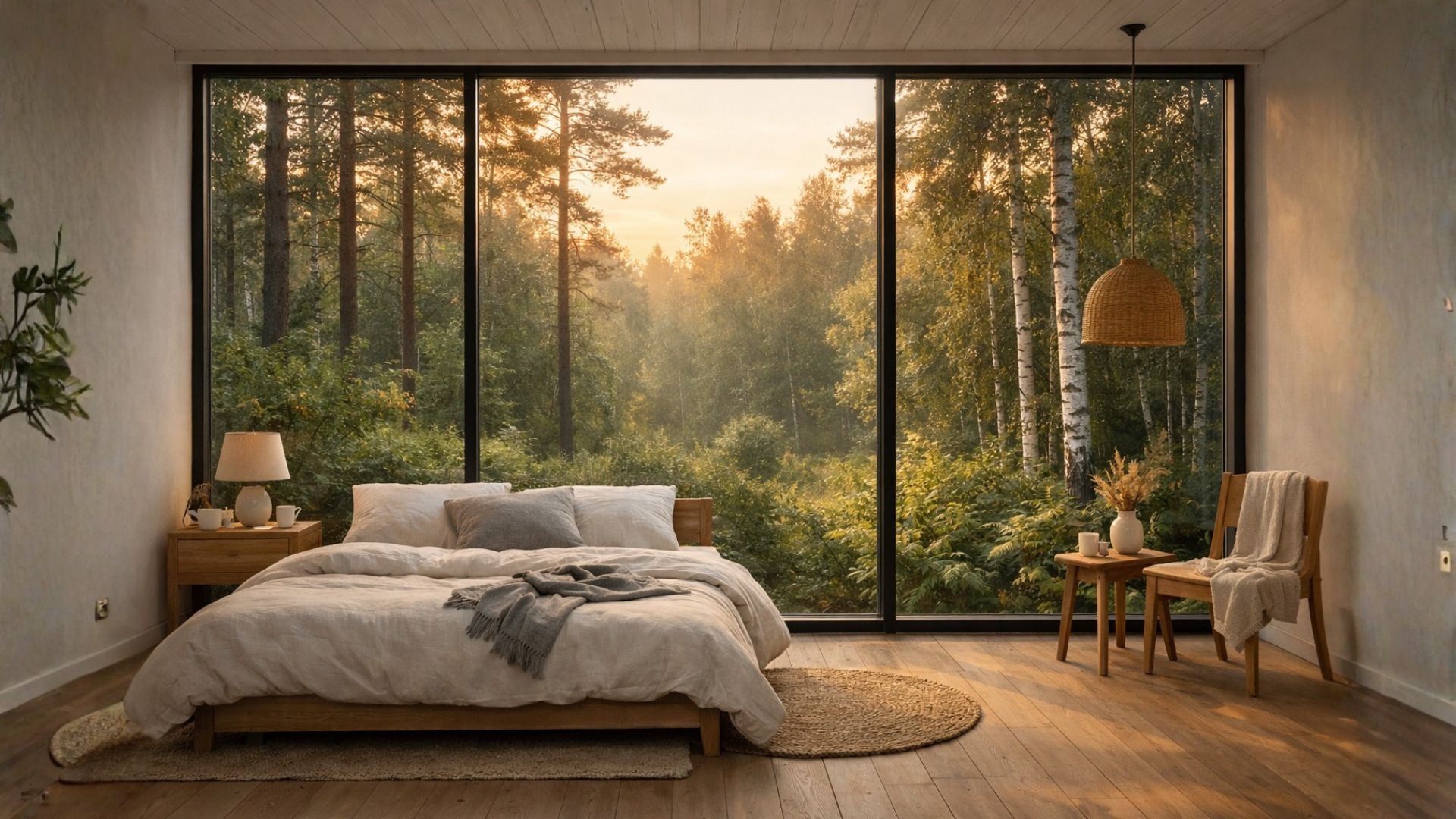 Modern bedroom with large windows showing a forest view during sunset.