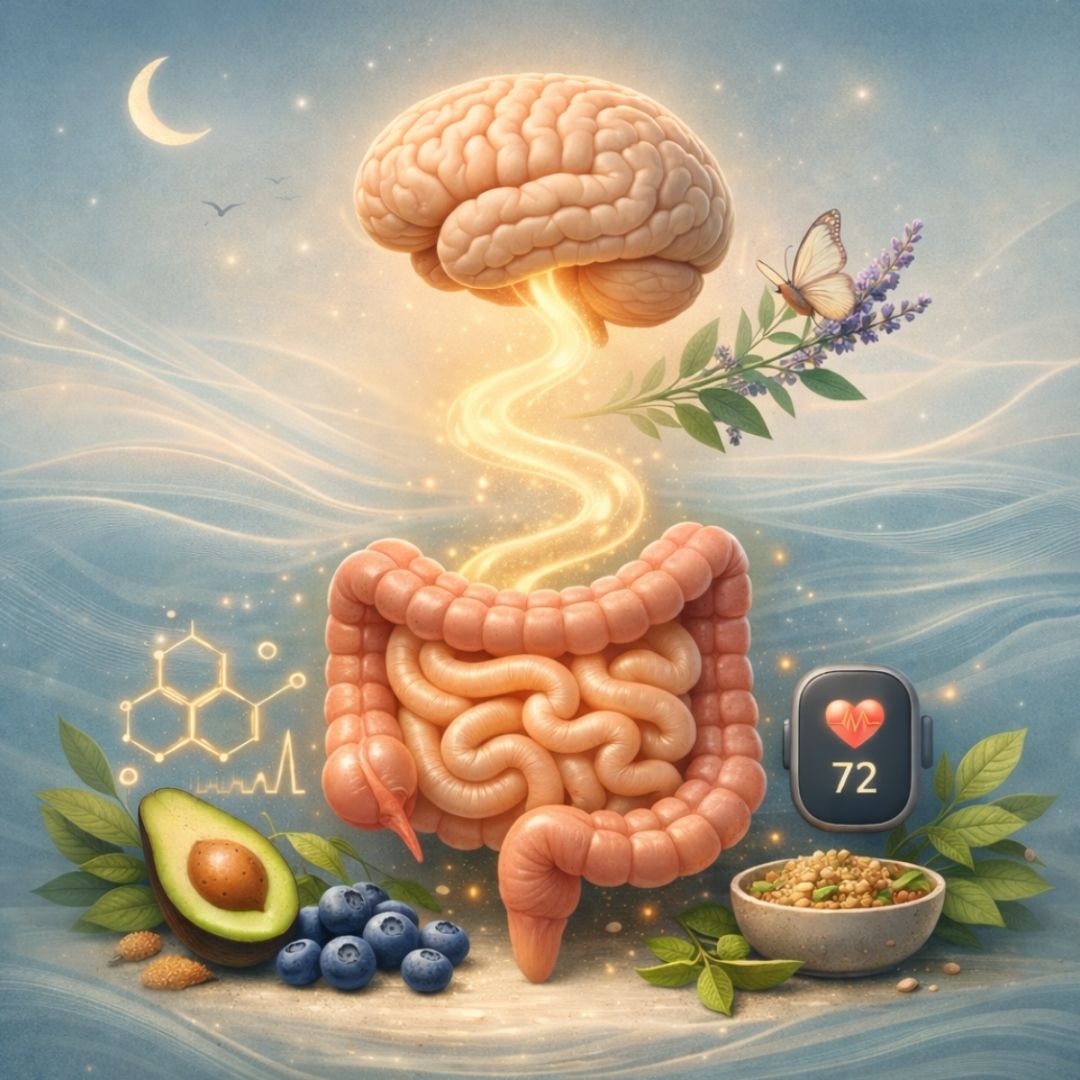 Illustration of a brain and intestines with health-related elements like an avocado, blueberries, and a heart rate monitor on a soft blue background depicting healthy factors for sleep