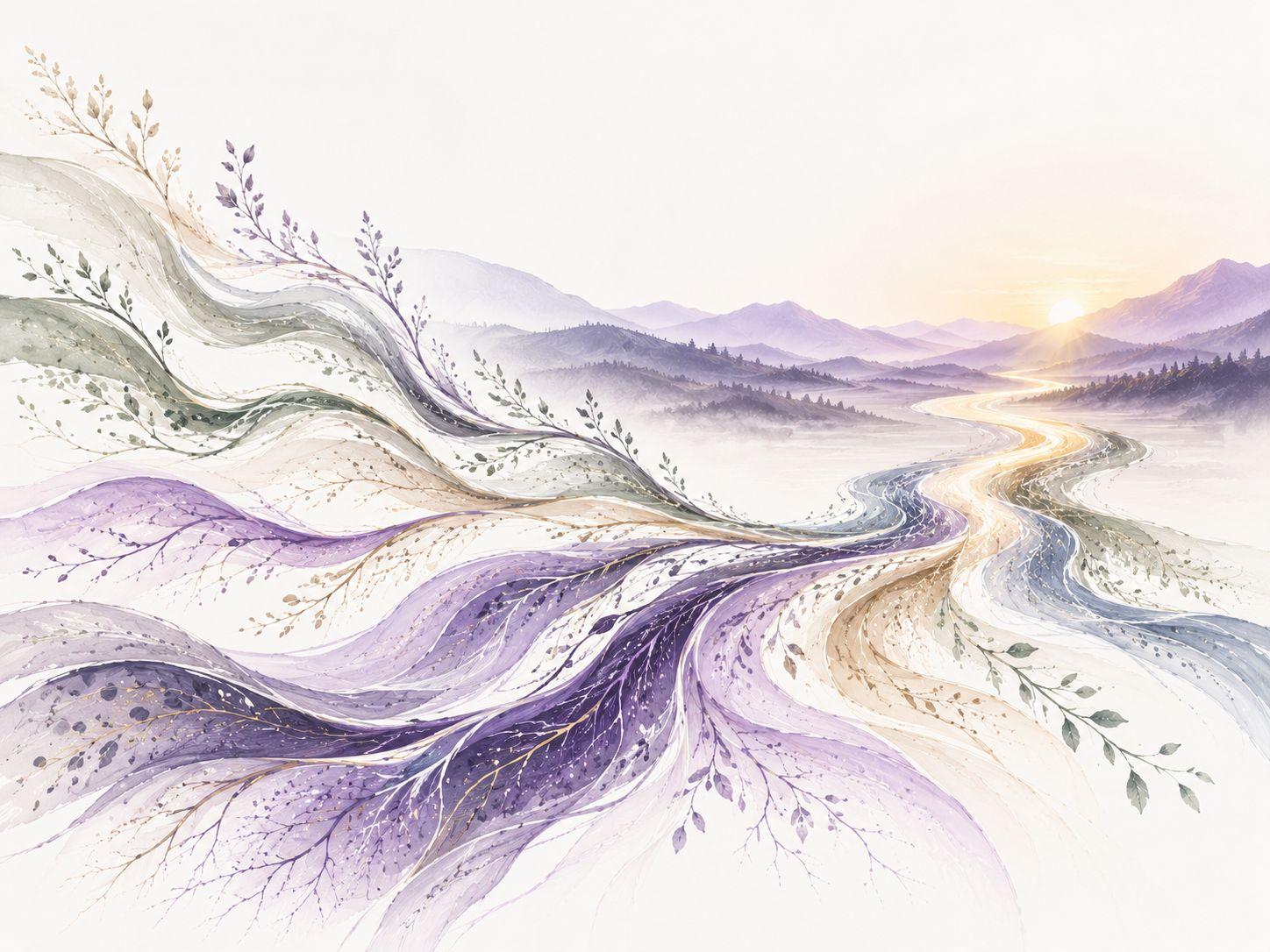 Illustration of tributaries joining a river that flows toward a calm sunrise