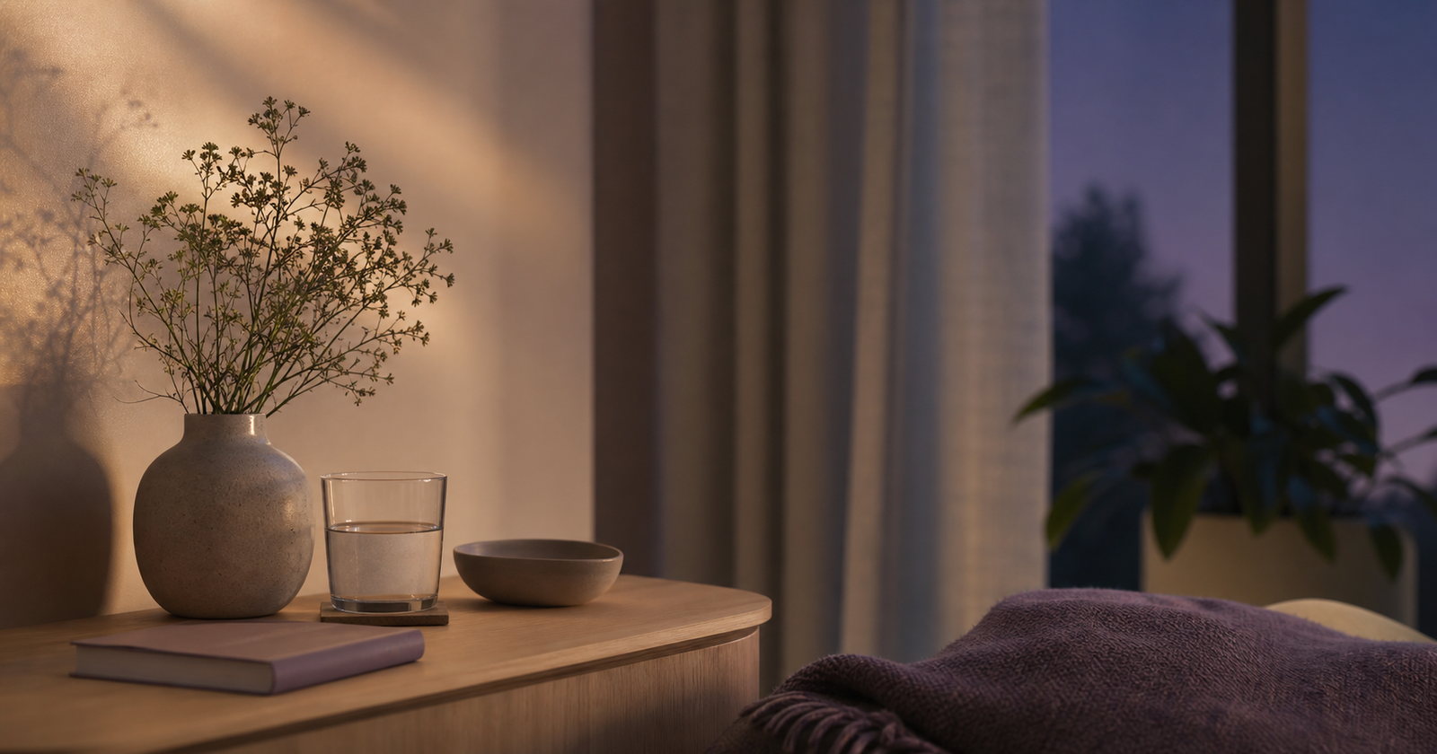 Calm evening light and soft bedroom environment supporting nervous system downshift
