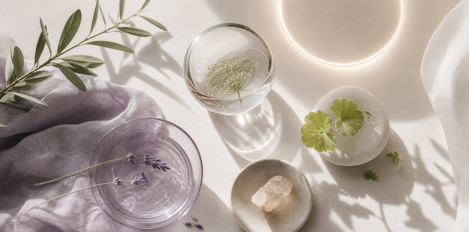 Minimal organic still life representing the five drivers of restorative sleep
