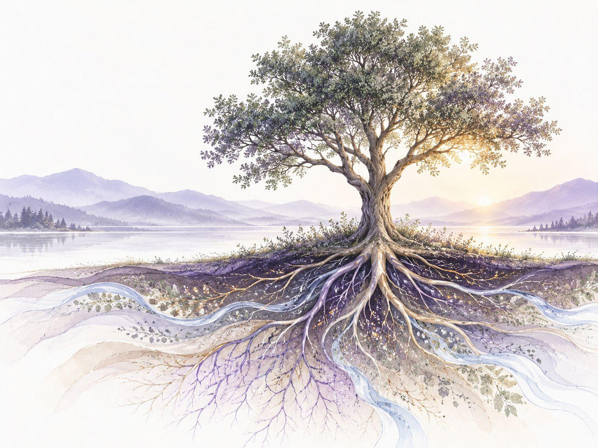 Illustration of a flourishing tree with an expansive root system beneath a quiet meadow